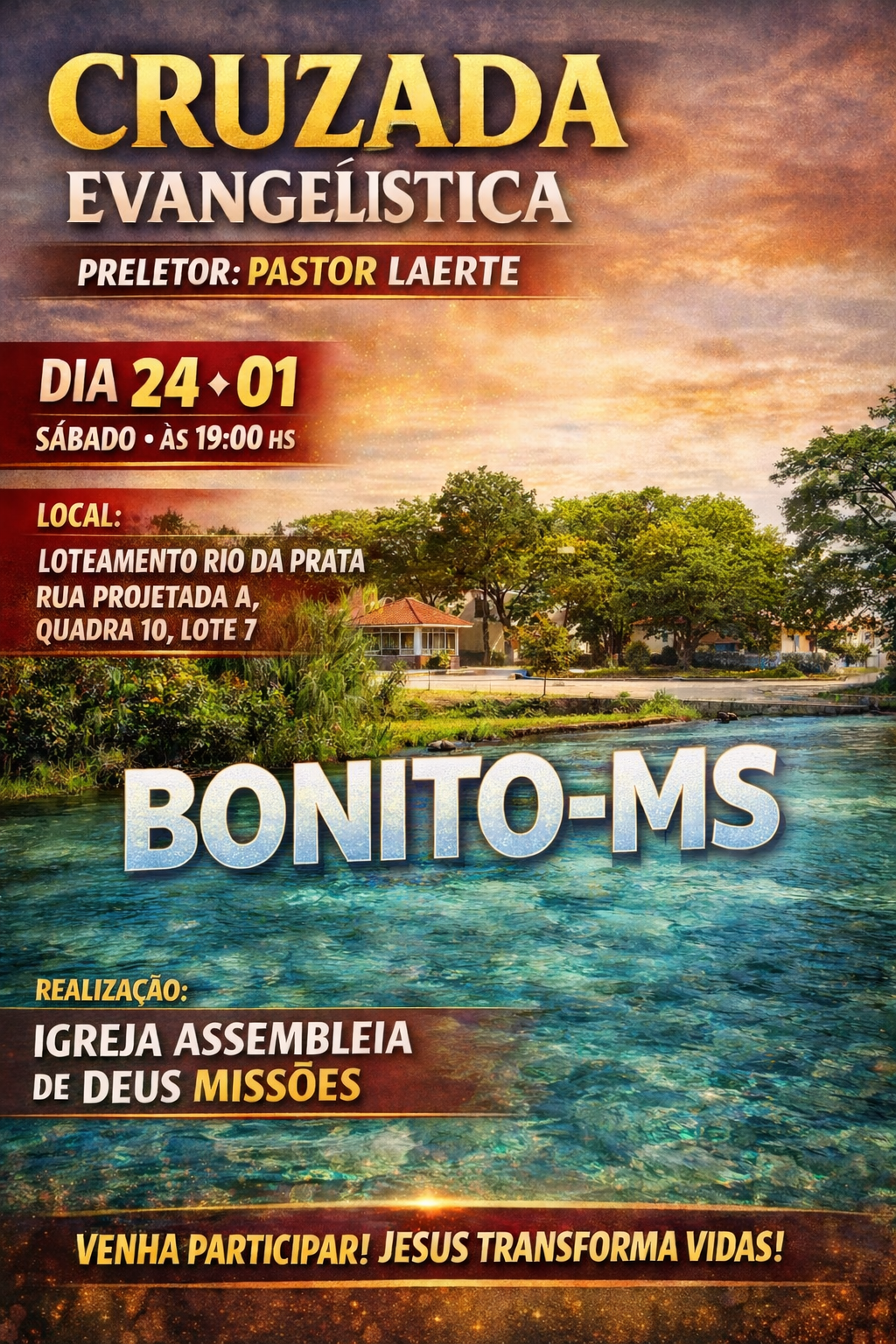 Cruzada Evangelística em Bonito (MS) será neste sábado, dia 24