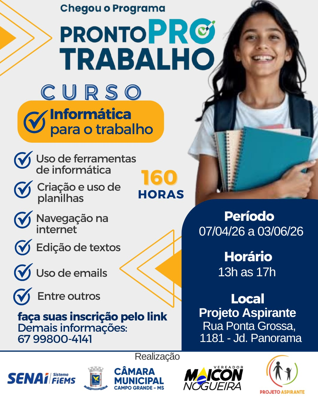INSCRIÇÕES ABERTAS: Vereador Maicon Nogueira abre inscrições para curso gratuito de informática voltado ao mercado de trabalho no Jardim Panorama