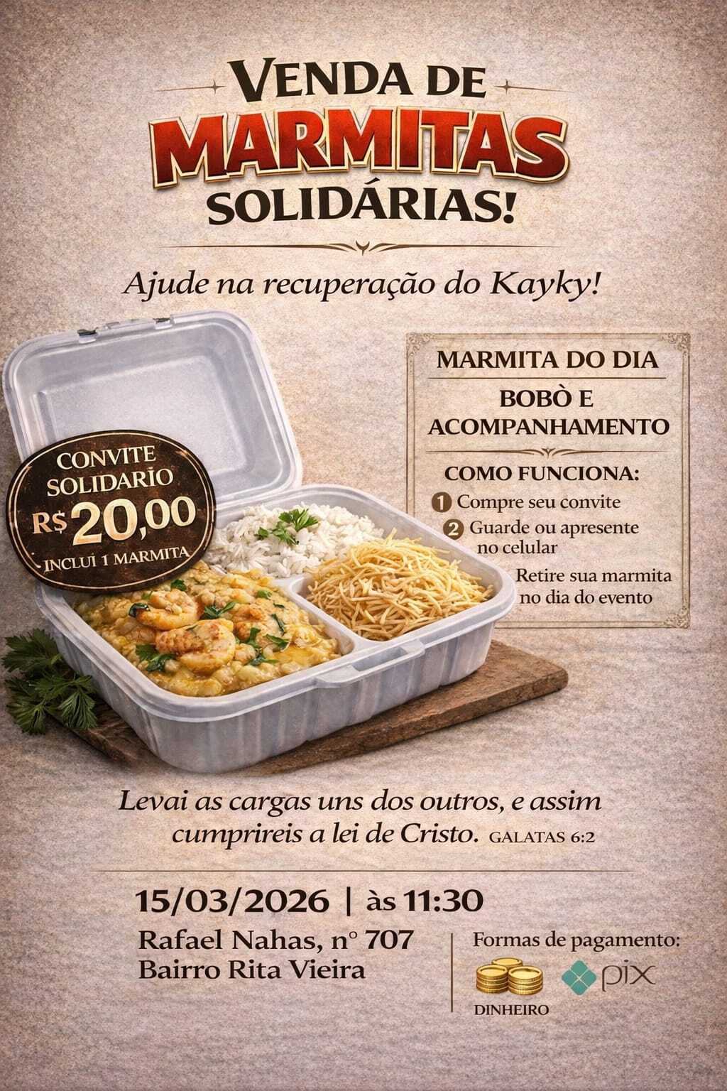 Marmitas Solidárias: Ação no bairro Rita Vieira busca apoio para a recuperação de Kayky