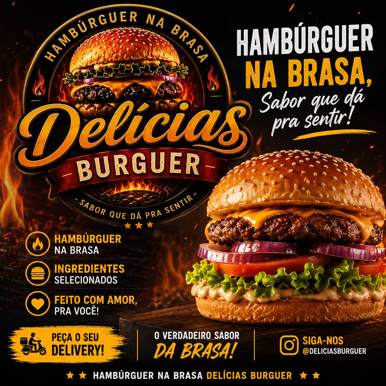 Delícias Burger: O Verdadeiro Hambúrguer Artesanal Feito na Brasa!