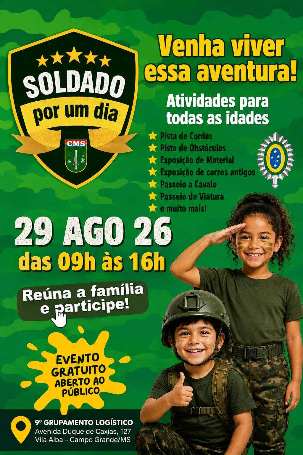 Aventura para Toda a Família: Evento Gratuito “Soldado por um Dia” Acontece Neste Sábado em Campo Grande
